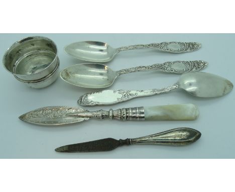 SMALL SILVER CUP, SILVER HANDLE MANICURE TOOL, SILVER MOP HANDLE SCOOP + 3 STERLING SILVER SPOONS 