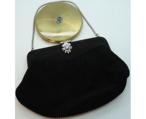 LARGE JEWEL ENCRUSTED TOP COMPACT + LADIES BLACK PLEATED SILK EVENING PURSE WITH FLORAL PASTE SET CLASP 