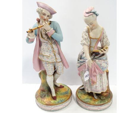 PR OF CONTINENTAL PORCELAIN FIGURINES GENT PLAYING FLUTE, LADY READING 15'H 