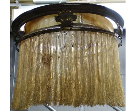 VICTORIAN BRASS RISE &amp; FALL LAMP FITTING WITH FRINGED SILK SHADE