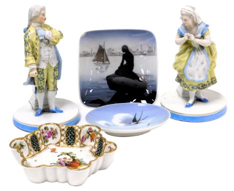 A pair of late 19thC Sitzendorf porcelain figures, of a gallant and lady, standing against columns, raised on a circular base