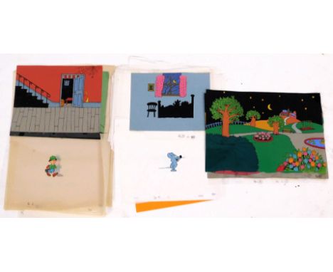 A group of Gil Potter animated cels, including a series of A Cartoon Mouse, a boy with roller skates and a book, and assorted
