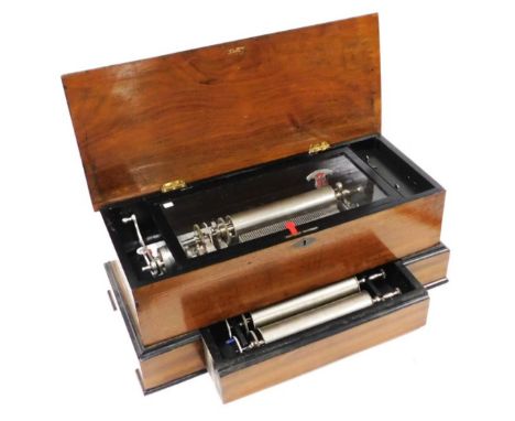 A late 19thC Swiss mahogany cased three barrel music box, the case lid with marquetry inlay, with single drawer below, 69cm w