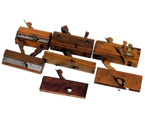 A group of antique wooden planes, including a fillister plane by Mathieson of Edinburgh, Tucker molding plane, rebate planes 