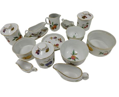 A group of Royal Worcester Evesham pattern oven to table wares, including souffle dishes, jars and covers, sauce boats on sta
