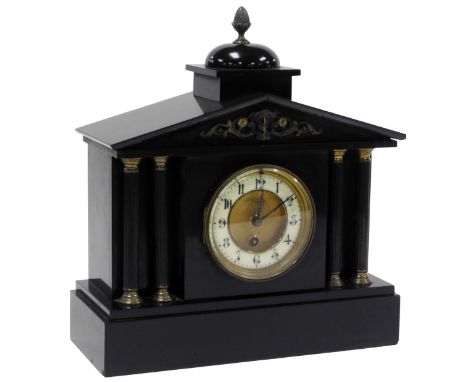 A late 19thC French slate mantel clock, for Pearce &amp; Sons, Paris, circular brass dial, with enamel chapter ring bearing A
