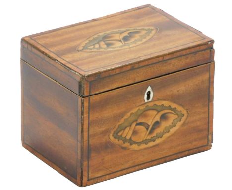 A George III mahogany single tea caddy, with shell paterae inlay, the hinged lid opening to reveal a vacant interior, 11cm hi