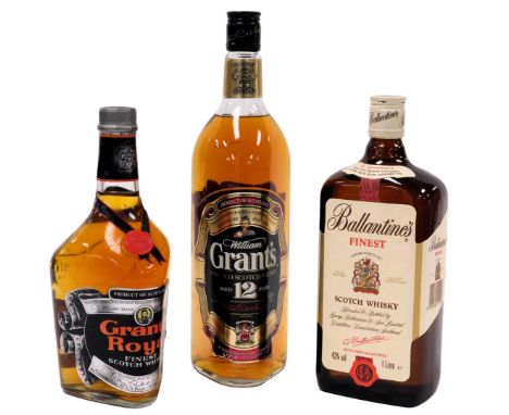A bottle of William Grant's Aged 12 Years Rare Old Scotch whisky, one litre, a bottle of Grant's Royal Finest Scotch whisky, 