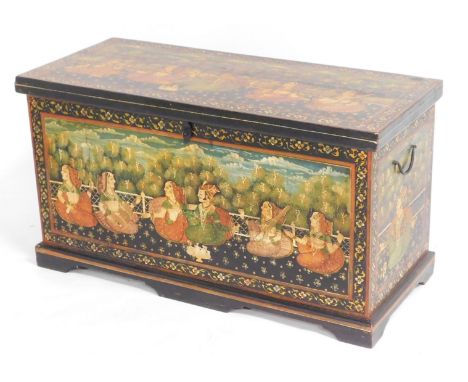 A Rajasthani painted wooden marriage chest, painted with a princely figure, and attendants, raised on bracket feet, 49cm high