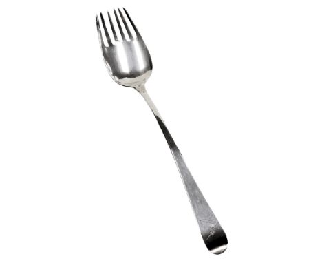 A George III Irish silver Old English pattern meat fork, crest engraved, Michael Keating, Dublin 1789, 3.47oz.