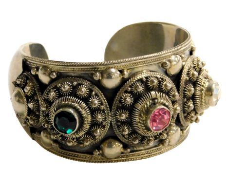 A Siam silver and paste set cuff bangle, stamped sterling, 70.4g. 
