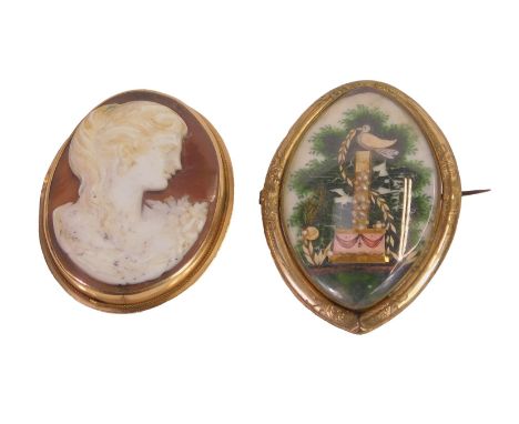 An early 20thC cameo brooch, bust portrait of a lady, in a yellow metal mount, stamped 14k, and a Victorian navette shaped br