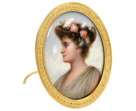 A late 19thC Continental porcelain miniature of Theodora, after Sichel, signed Löchner, head and shoulders portrait of a Roma