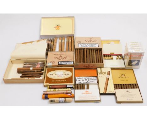 Assorted boxes and packs of cigars and cigarillos, most opened, including Oudkampen, Balmoral, Ritmeister, Medan, Wilhelm, Ve