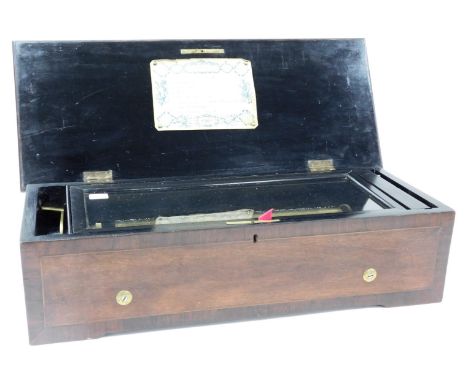 A late 19thC Swiss mahogany cased music box, playing eight airs, the box with sunburst paterae to the lid, 57cm wide.  On ini