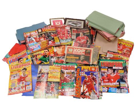 A group of Liverpool Football Club collectables, including magazines, diaries, carrier kit bag, You'll Never Walk Alone wall 