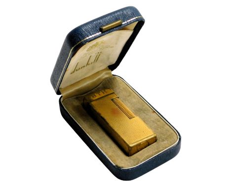 A Dunhill gold plated pocket lighter, monogram engraved, boxed. 