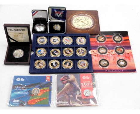 A Centenary of the First World War silver commemorative five pound coin, boxed, Apollo 11 commemorative proof silver dollar 2