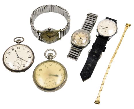 A Zenith gentleman's pocket watch, possibly silver cased, further pocket watch, together with Cyma, Thomas Russell and Sons, 