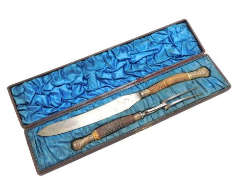 A Victorian stainless steel and horn handled carving set, comprising knife and fork, the knife blade engraved James Lawson, G