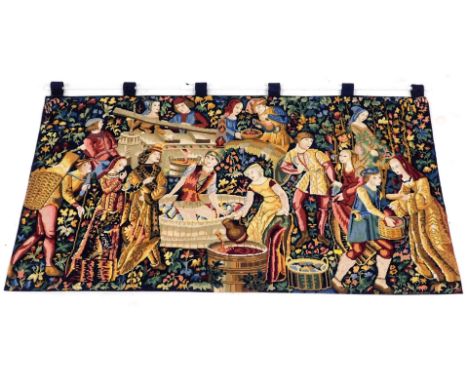 A wool tapestry, titled The Winemakers, with pole, 73cm x 132cm.