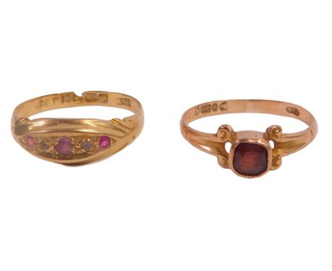 A 9ct gold dress ring, with a square cut almandine garnet, Chester assay, 1.1g, together with an 18ct gold, ruby and diamond 