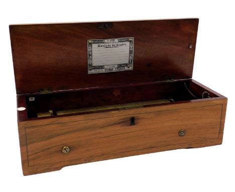 A late 19thC Swiss walnut cased music box, playing six airs, by Nicole Freres, the box stamped for Lewis and Company, 95 Chea