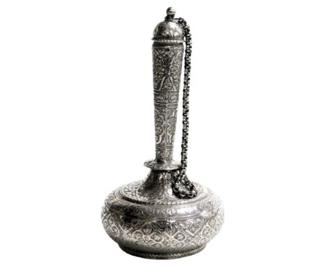 A late 19thC Indian Surahi water flask, with engraved foliate decoration, white metal, 4.30oz