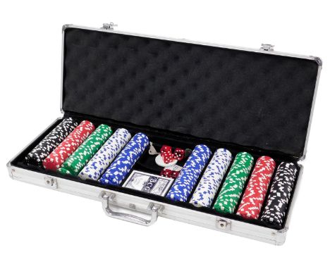 A set of poker chips, with playing cards and dice, cased.