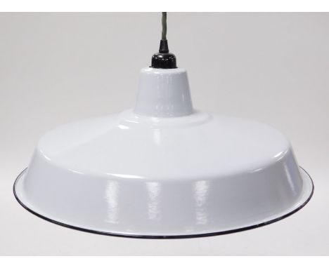 A mid century white enamelled industrial ceiling light, 43cm wide.