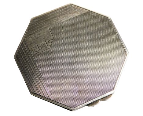 A George VI Art Deco silver compact, with engine turned decoration, reserve engraved 'John to Marjory with love, Dec. 23rd 19