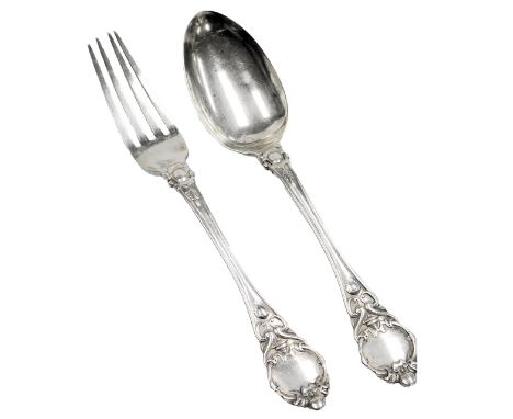 A Victorian fork and spoon set, with embossed decoration, possibly John Gilbert, Birmingham 1849, 3.58oz