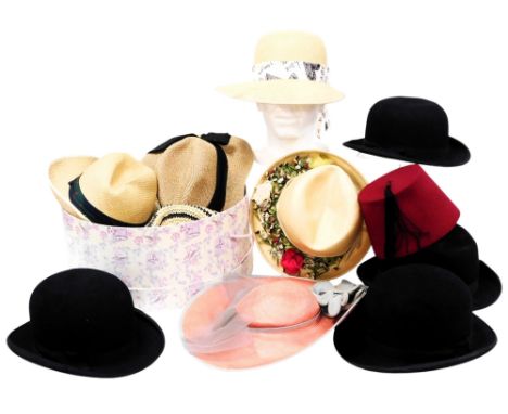 Assorted bowler hats, a fez, vintage bonnets, etc. (a quantity) 