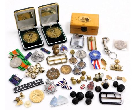 A WWII Defence Medal, boxed, RAF buttons, sporting medallions and badges, cufflinks, a Mauchline ware box, and a Ronson pocke