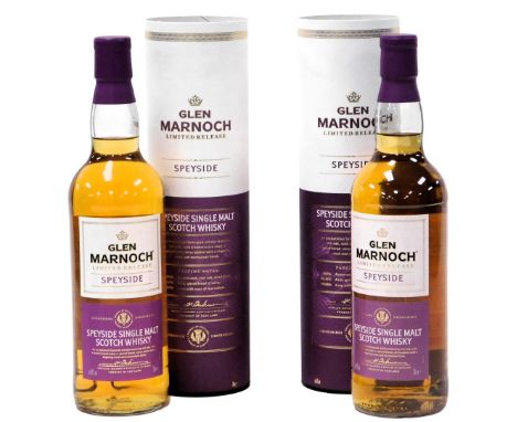 Two bottles of Glen Marnocah Speyside single malt Scotch whisky, each 70cl, in canisters.