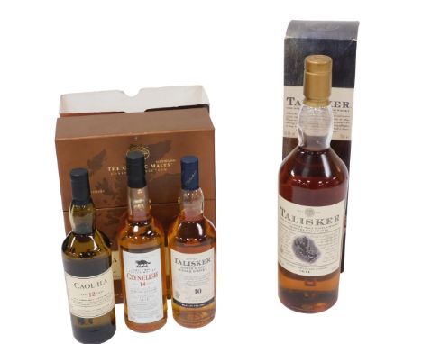 The Classic Malts Coastal Collection of whisky, comprising Caol Ila, aged 12 years, Clynelish, aged 14 years, and Talisker si