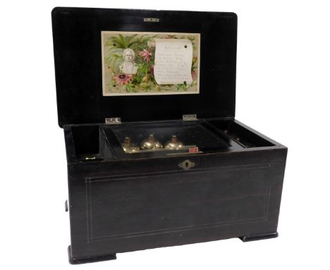 A late 19thC Swiss ebonised music box, playing eight airs, with three bell strike, 21cm high, 42cm wide, 26cm deep.   On init