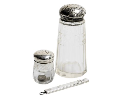 A Victorian silver pencil holder, Birmingham 1899, Victorian cut glass pepperette, with silver lid, Birmingham 1890, and a Ge