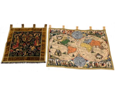 A tapestry wall hanging, depicting Renaissance figures, griffin, unicorn, and coat of arms, 73cm x 74cm, and further wall han
