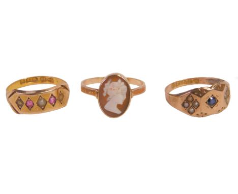 A Victorian 15ct gold ruby and seed pearl five stone ring, size L, 2.2g, 9ct gold, garnet and seed pearl ring, size L/M, 1.6g