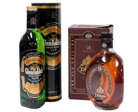 A bottle of Glen Fiddich Special Reserve single malt whisky, 70cl, in a canister, together with a bottle of Dimple, 15 years 