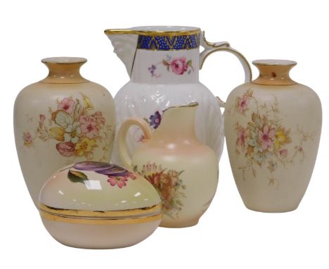 A Coalport porcelain copy of the Caughley mask head jug, Royal Worcester blush ivory flat back jug, 250th Anniversary, a pair