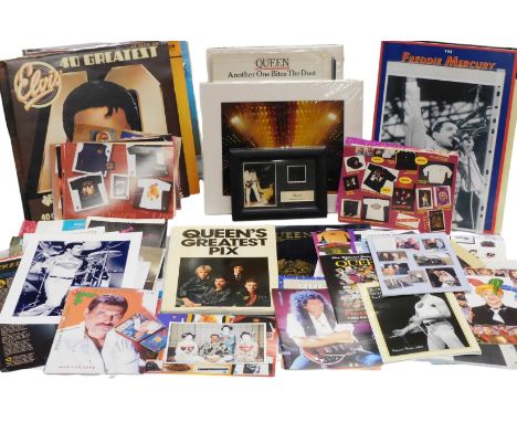 Queen fan club magazines, tributes, pictures, badges, First Day covers, a copy of the last will and testament of Freddie Merc