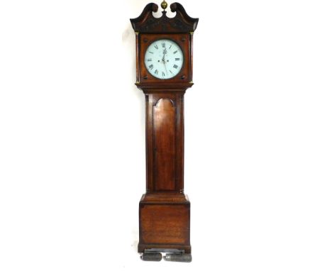 A Georgian oak and mahogany cross banded longcase clock, by Jno Wood, Grantham, circular dial bearing Roman and Arabic numera