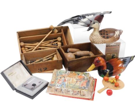 A vintage Parlor table croquet set, further croquet set, table skittles, decoy ducks and pigeons, etc. (a quantity) 