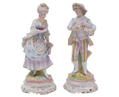 A pair of French late 19thC bisque porcelain figures, modelled as a gentleman with French bagpipes, and a lady, raised on a c