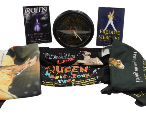 A group of Queen merchandise, comprising Queen A Kind of Magic t-shirt, x-large, Freddie Live, x-large, a Freddie Mercury Tri