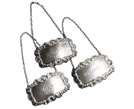 Three Elizabeth II silver decanter labels, for brandy, gin and whisky, 1.21oz.
