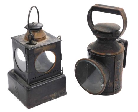 An LNER Welch patent railway oil lamp, 23cm high, together with a British Rail lamp, 29cm high. (2) 