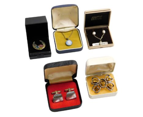 A silver and opal pendant and earrings set, a pair of gentleman's silver razor blade cufflinks, tigers eye set bow brooch, We